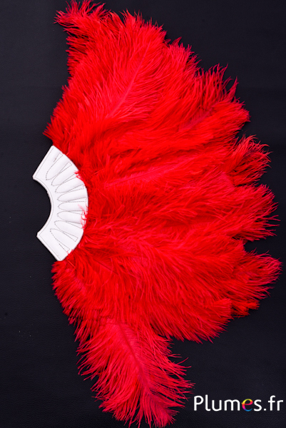 Éventail en plumes d’autruche - 20 plumes, cuir blanc - rouge
